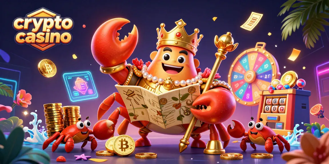 Le casino crypto propose des éléments lumineux, des pièces de Bitcoin et des crabes en or autour d'une scène dynamique.