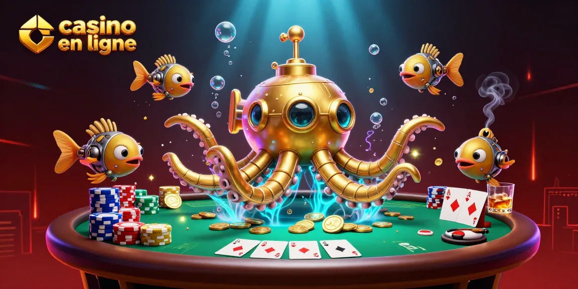 Plongez dans le monde du casino en ligne avec un kraken doré, des cartes de poker et des pièces d'or.