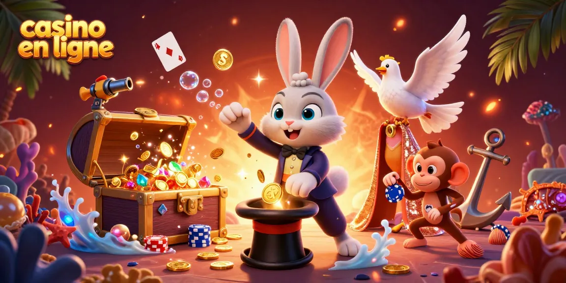 Animation captivante de casino en ligne avec un magicien, une colombe et un singe sur fond coloré.