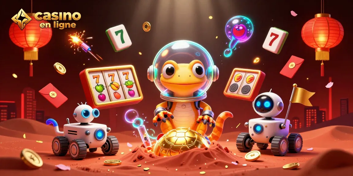 Découvrez le monde fascinant du casino en ligne à travers une illustration dynamique d'un gecko Martien découvrant un casino doré sur Mars.