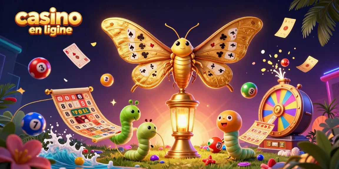 Illustration dynamique sur le thème du casino en ligne avec des éléments de bingo, des boules de loterie et une ambiance festive.