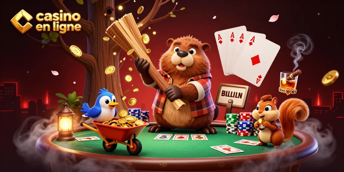 Une scène de casino en ligne animée avec un castor et des éléments de poker, récoltant des pièces d'or.