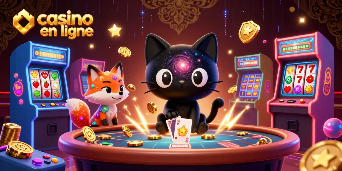 Casino en ligne : Illustrations colorées des jeux et personnages d'un casino cosmique.