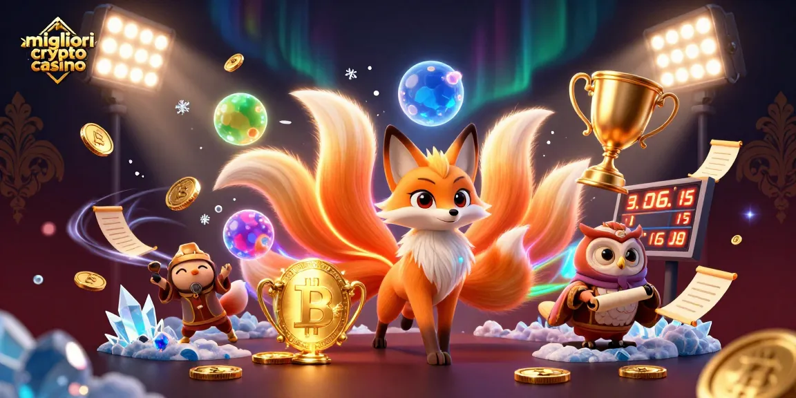 Gioca e vinci nei migliori crypto casino con questa illustrazione 3D di un fox spirit e criptovalute