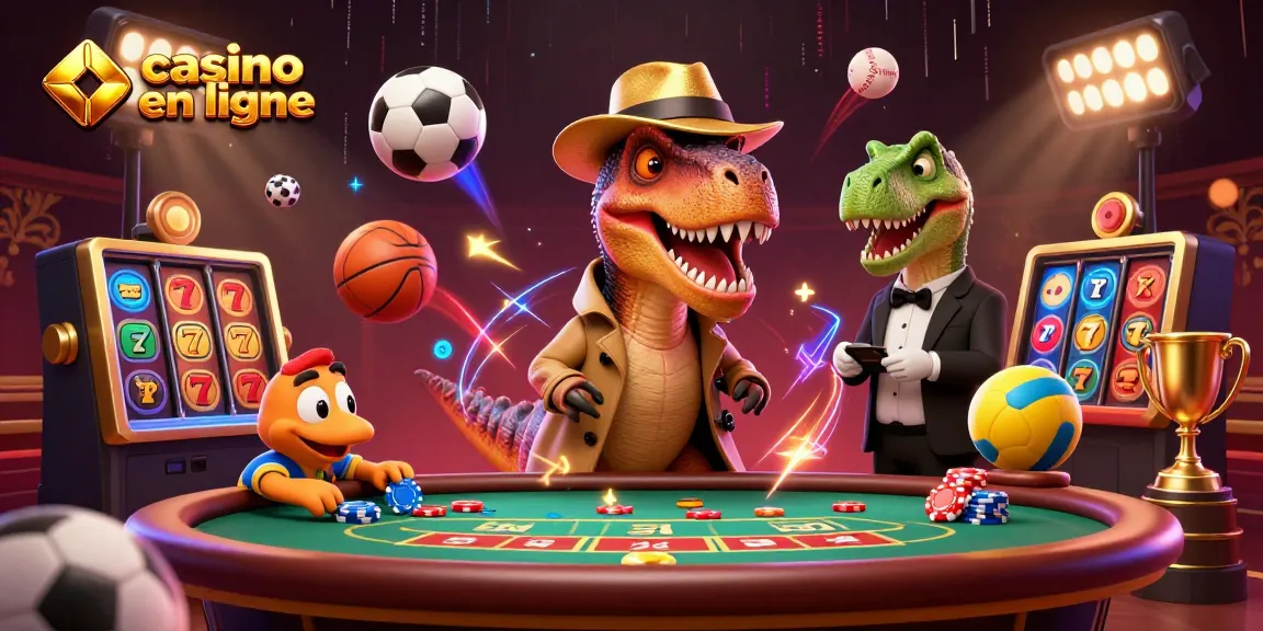 Illustration dynamique de casino en ligne avec un vélociraptor aux cartes, un boss stégosaure, et un compy voleur de jetons.