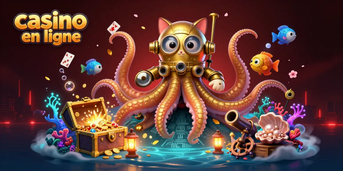 Jouez au casino en ligne avec un kraken 3D et un chat plongeur dans un océan d'or.