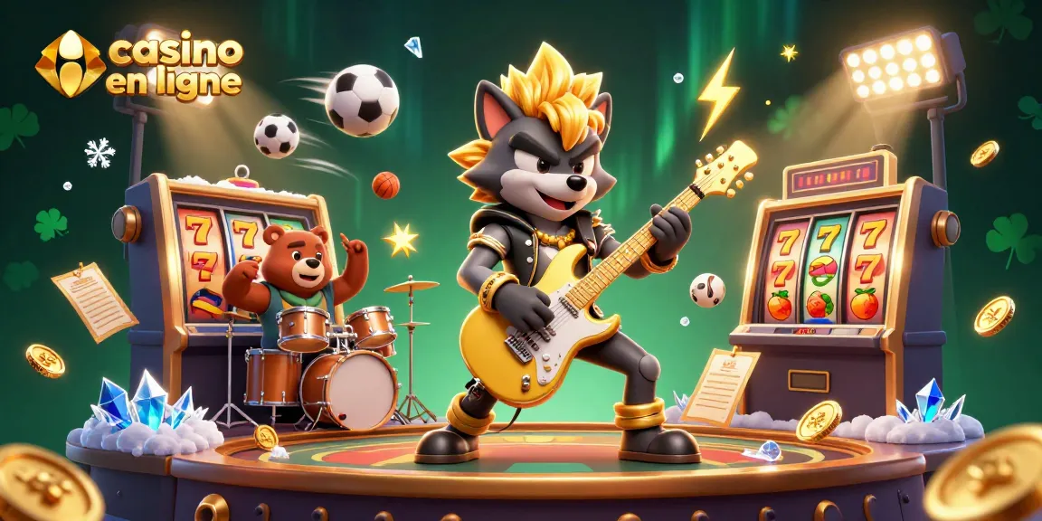 Illustration dynamique d'un casino en ligne avec un loup rock star et un ours batteur.