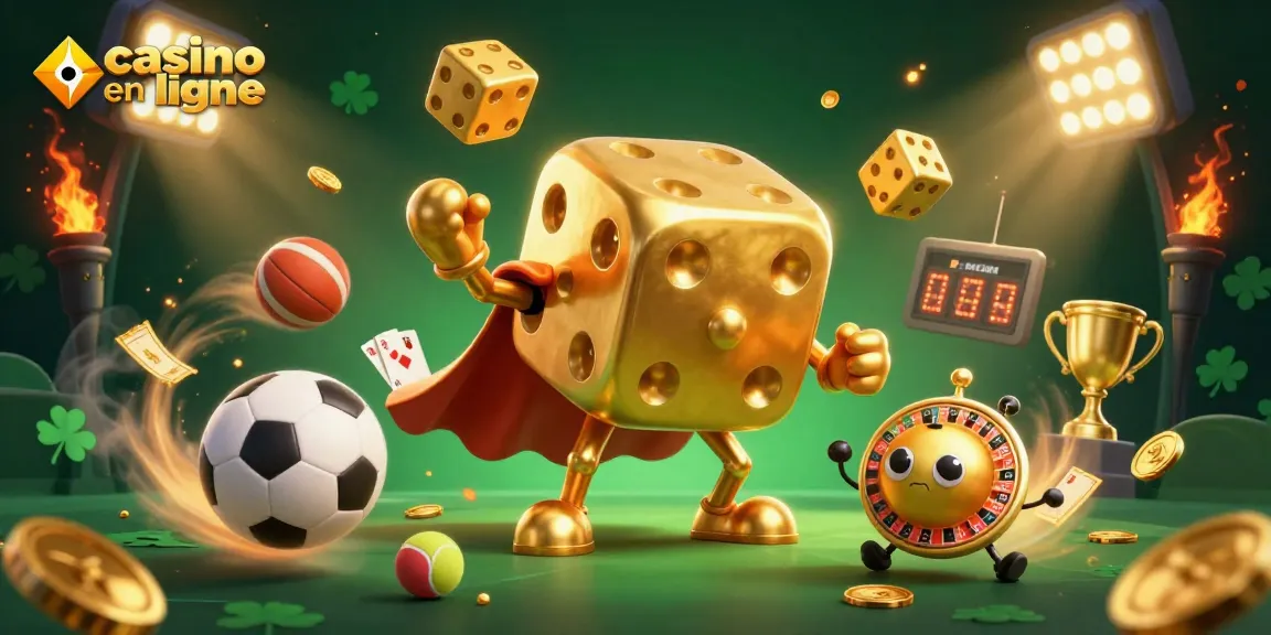 Vivez une expérience unique de casino en ligne avec un golem de dés dorés et des ballons sportifs en mouvement.