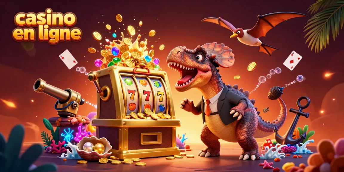Le casino en ligne présente un pachycéphalosaure gagnant une machine à sous, entouré de joyaux et décorations.