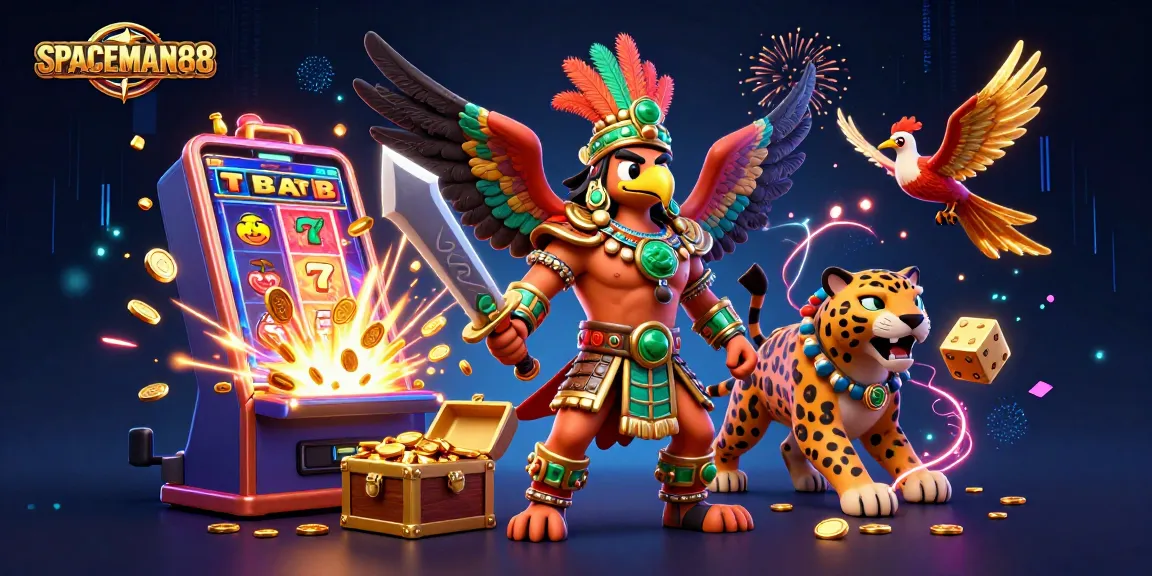 SPACEMAN88 features a dynamic casino scene with Aztec warriors and slot machines celebrating wins.