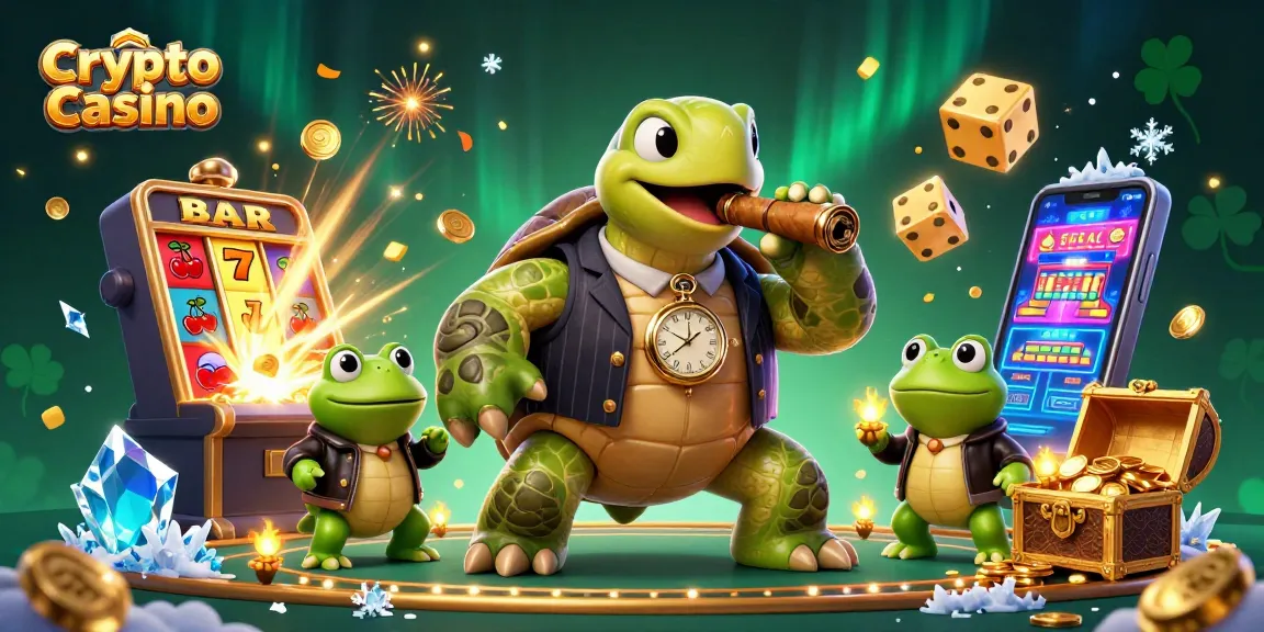 Casino en crypto animé illustrant un casino dynamique avec des tortues et des grenouilles, maximisant l'excitation.