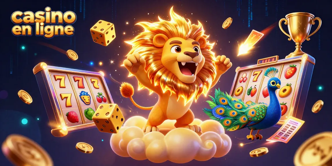 Venez vivre l'expérience ultime du casino en ligne avec notre illustration dynamique mettant en avant un lion rayonnant comme symbole de victoire.