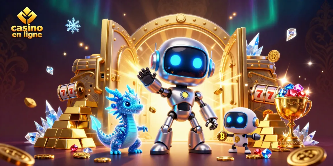 Jouez à casino en ligne avec un robot cyberpunk et un dragon holographique dans un décor de jackpot