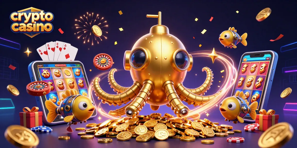 Découvrez l'univers du crypto casino avec un kraken doré entouré d'éléments ludiques et festifs.